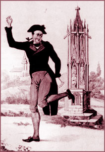 Nestroy als Bertram in Robert der Teuxel, Kolorierter Kupferstich von Geiger nach einem Aquarell von Schoeller, 1838